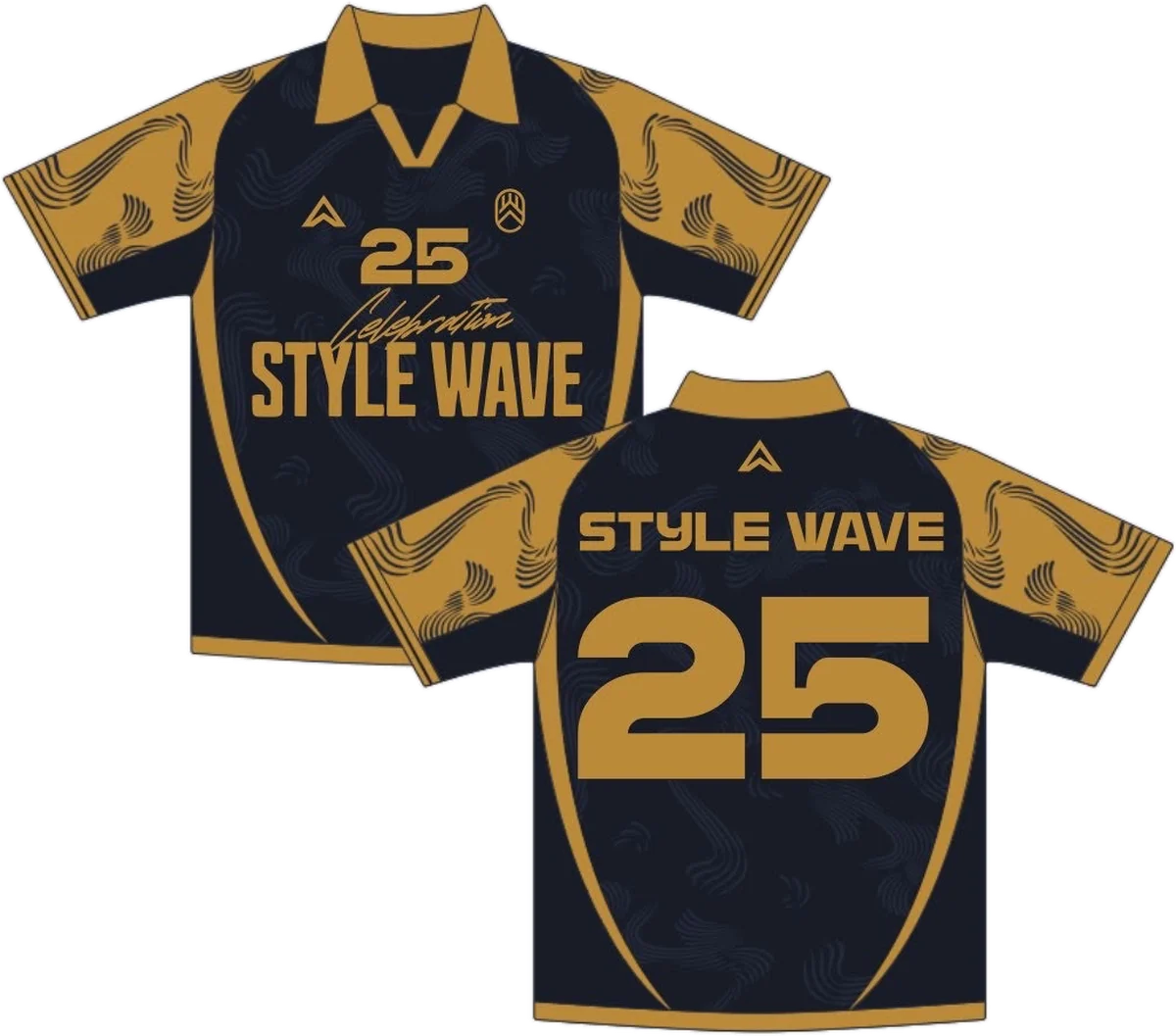 The 25 Celebration Jersey in navy and gold, front and back